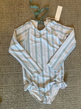 Kids Long-Sleeve One-Piece Swimsuit in Light Blue Stripe